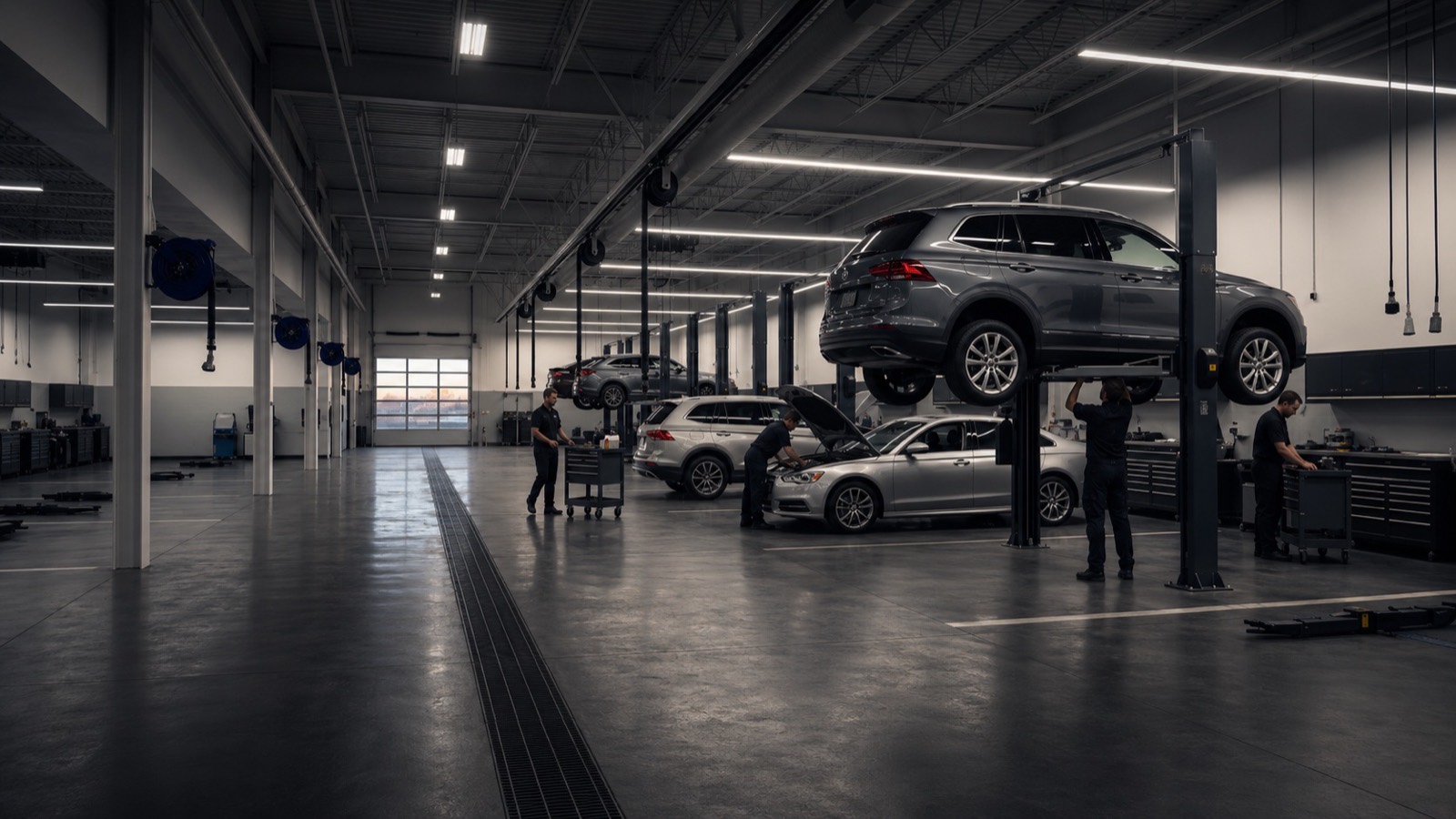 A modern dealership service department: an SUV raised on a lift, technicians working at open hoods and a parts bench.