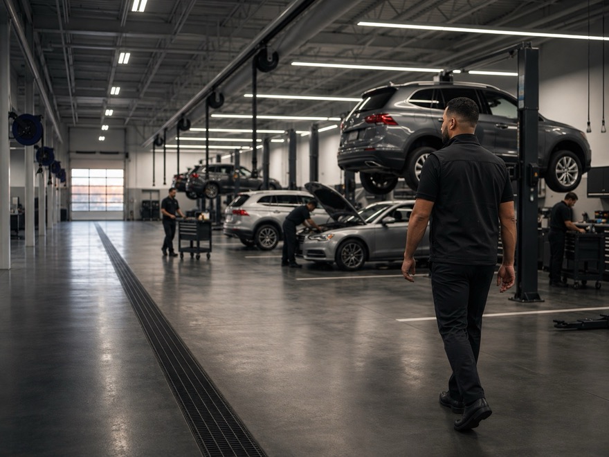 A service manager walking the shop floor, watching the work in the bays.